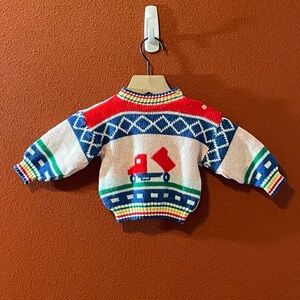 Vintage 90’s Boy’s Retro Acrylic Dump Truck Rainbow Cuff Pullover Sweater